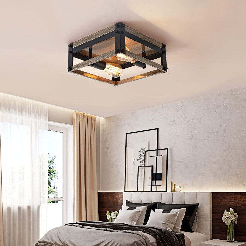 2 Light Flush Mount Ceiling Light Fixture Farmhouse Rust Black and Wood Ceiling