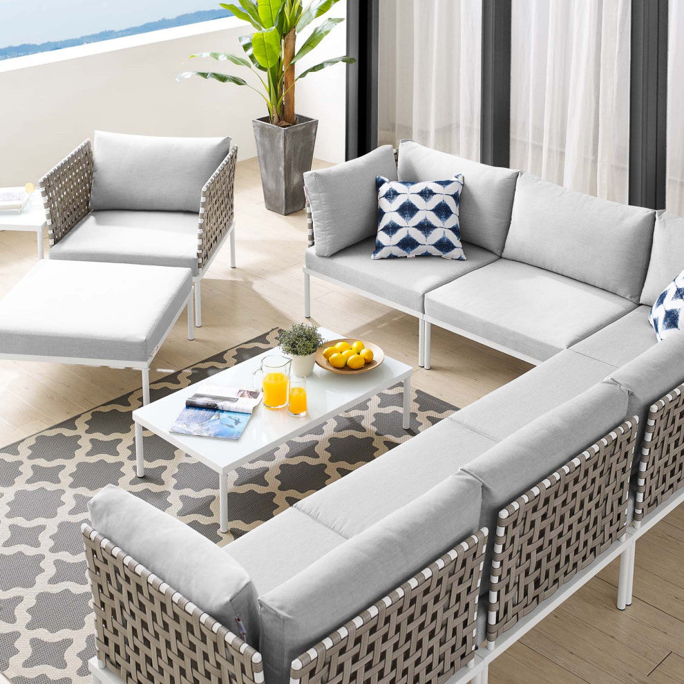 Lounge Sectional Sofa Chair Table Set, Sunbrella, Aluminum, Gray, Outdoor