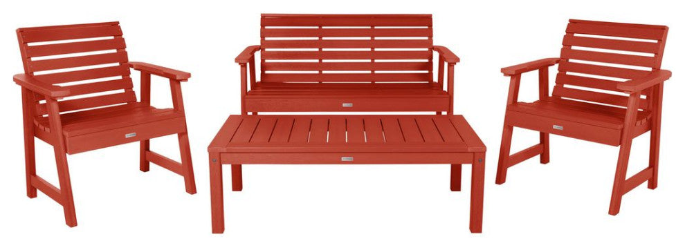 4' Weatherly Bench, Chairs, Conversation Table, 4-Piece Set, Rustic Red