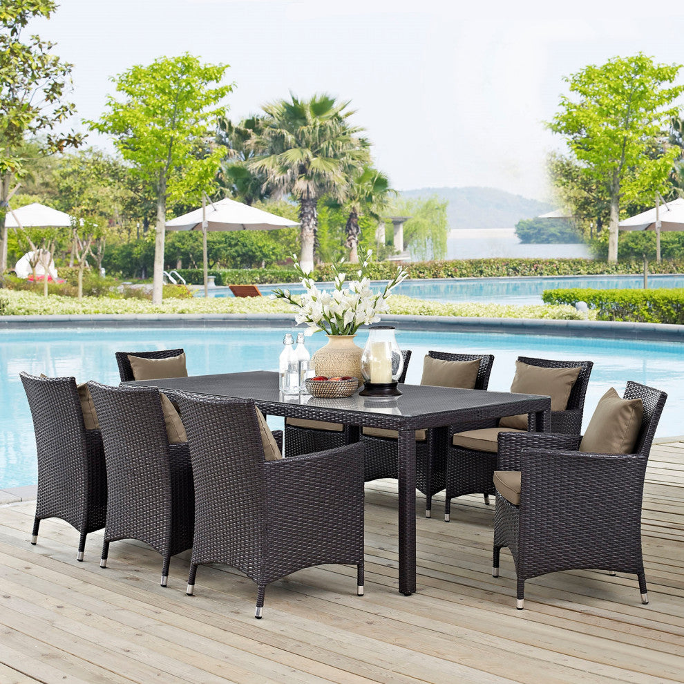 9 Piece Outdoor Dining Set, Faux Wicker Rattan, Mocha