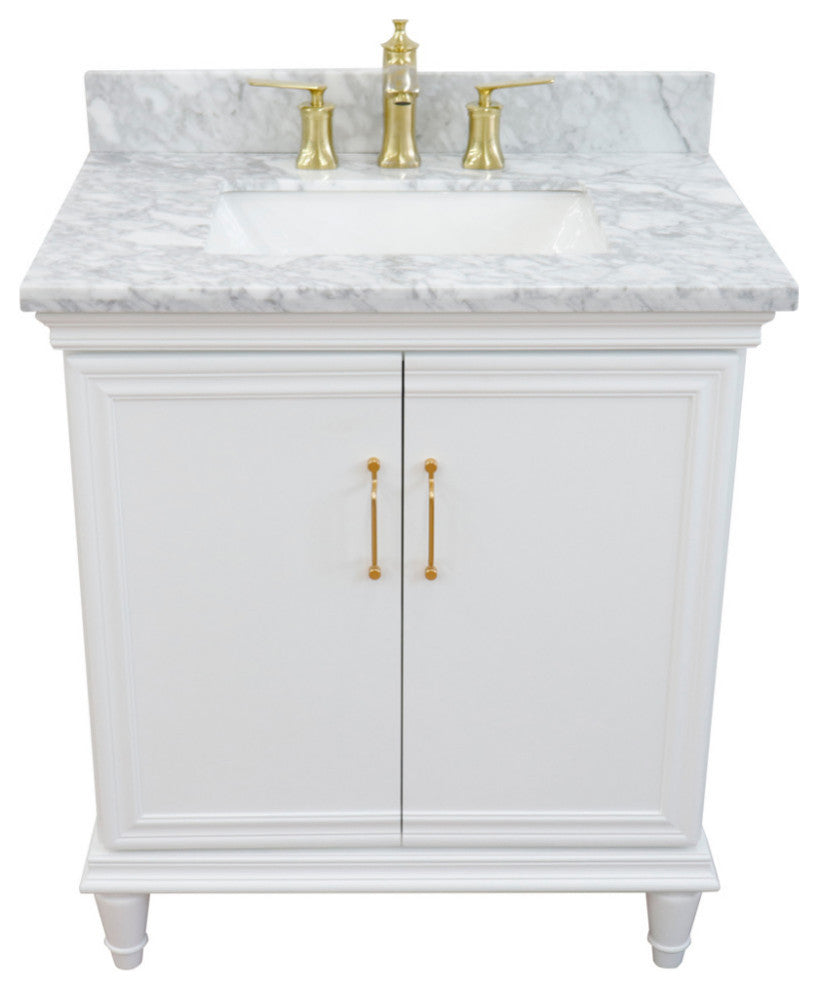 31" Single Vanity, White Finish With White Carrara And Rectangle Sink