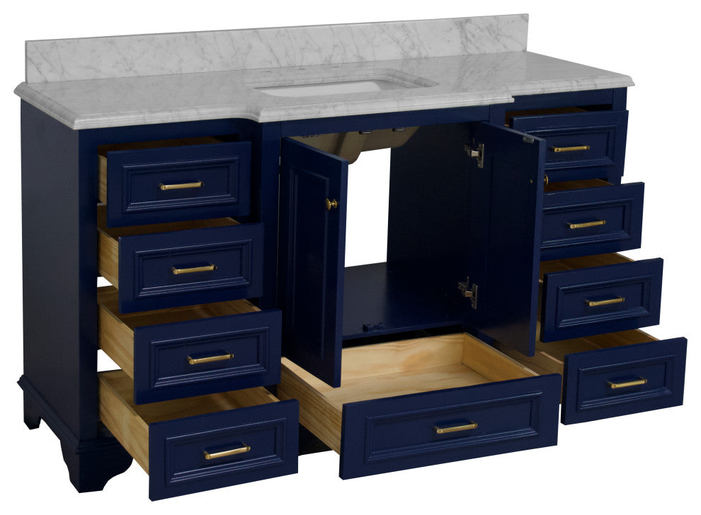 Nantucket 60" Bath Vanity, Royal Blue, Carrara Marble, Single Vanity