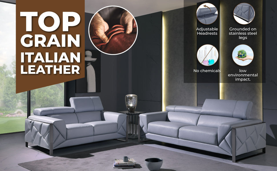 Trento Genuine Italian Leather Modern Sofa Light Blue