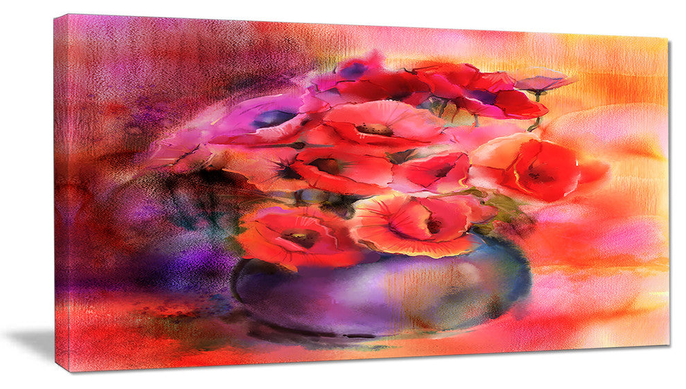 Bouquet Of Cute Poppies in Vase, Large Floral Canvas Art Print, 32"x16"