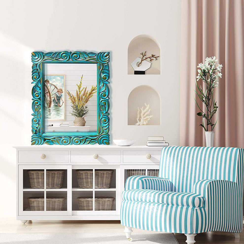 Hand-Carved Rectangular Wooden Wall Mirror in Turquoise Green and Gold Patina
