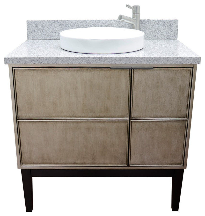 37" Single Vanity, Linen Brown Finish With Gray Granite Top And Round Sink
