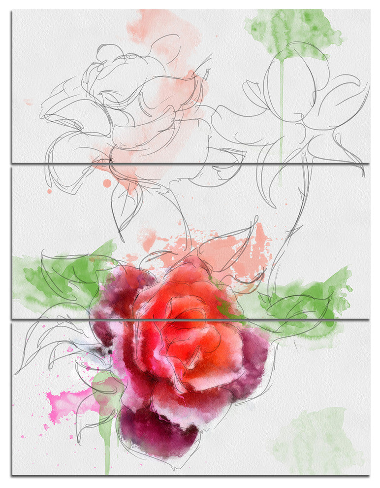 Beautiful Rose with Rose Sketches, Floral Triptych Canvas Print, 28x36, 3 Panels