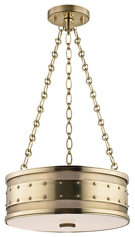 Gaines, 16" Pendant, Aged Brass Finish, Frosted Inside-Clear Outside Glass