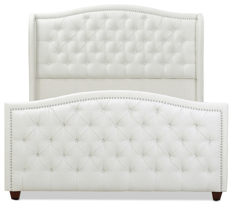 Marcella Upholstered Tufted Shelter Wingback Panel Bed, Antique White Polyester, Queen