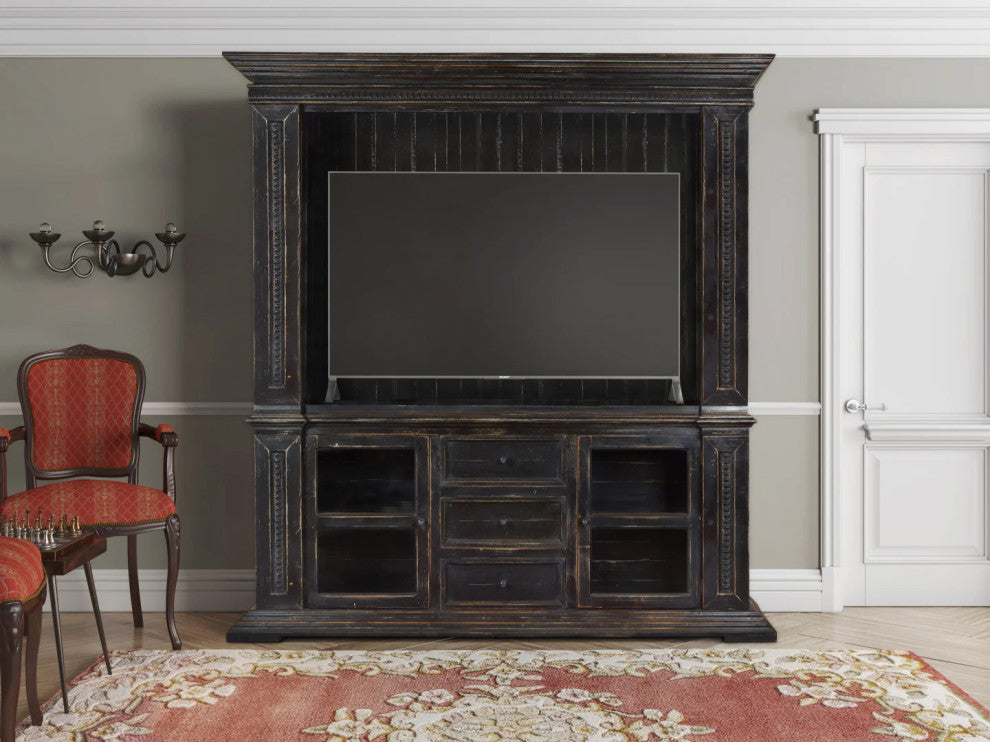 Victoria 3 Drawer, 2 Door Sideboard and Hutch Set - Rustic Black - 91", Sideboard and Hutch