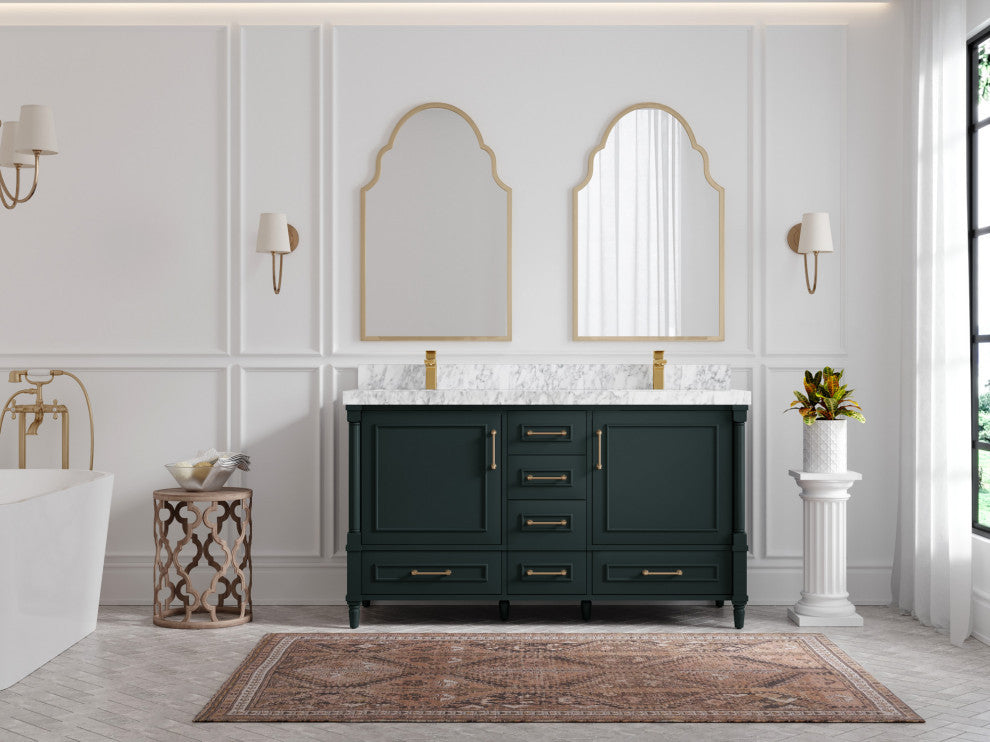 Aberdeen 60 Double Bathroom Vanity in Dark Forest Green 2" Carrara Marble