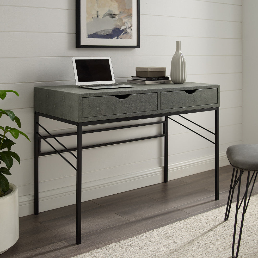 Vetti 44" Faux Shagreen 2 Drawer Desk, Gray