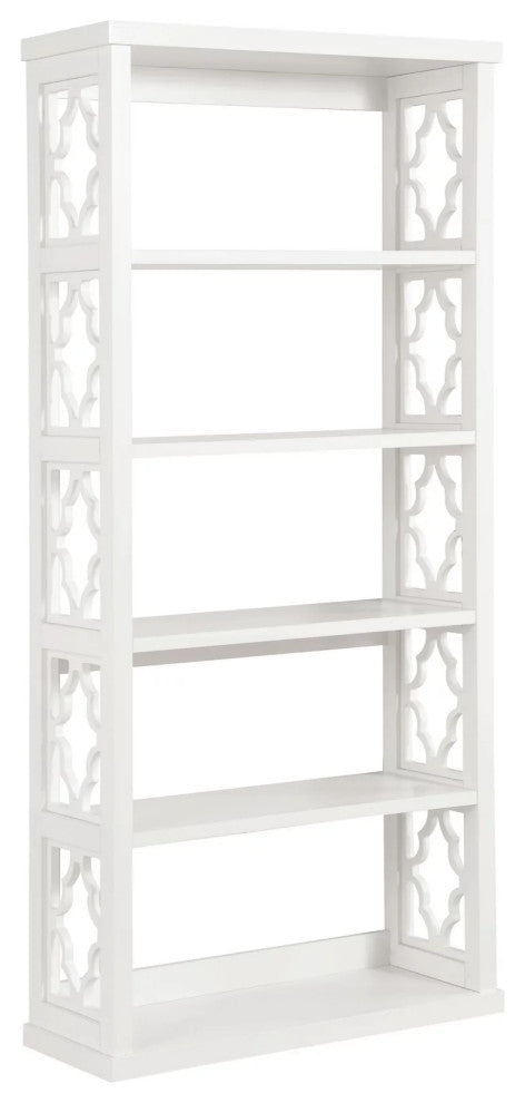 Transitional Bookcase, 5 Open Shelves With Quarterfoil Patterned Sides