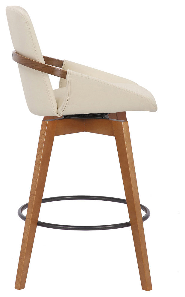 26" Luxurious Cream and Walnut Faux Leather Swivel Bar Stool