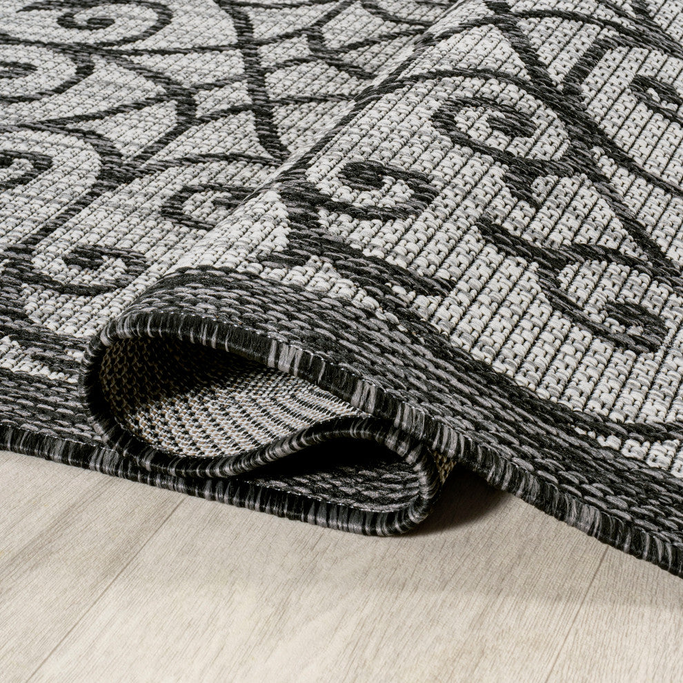 Madrid Vintage Filigree Textured Weave Indoor/Outdoor, Gray/Black, 5' Square