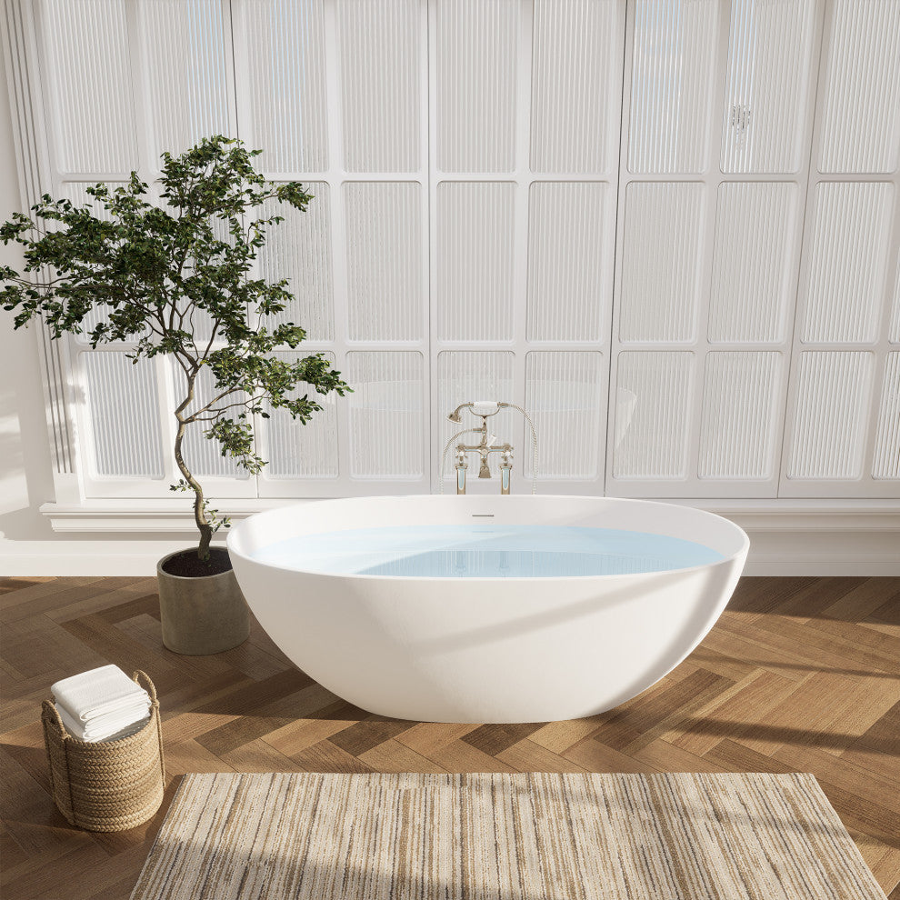 Euston Flatbottom Freestanding Solid Surface Soaking Bathtub, Matte White, 65inch