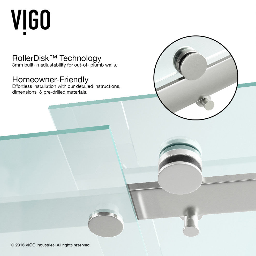 VIGO Luca 56" to 60" W x 79" H Frameless Sliding Shower Door, Stainless Steel, Clear Glass