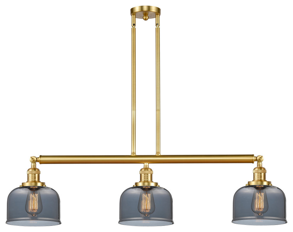 Large Bell 3 Light Island Light, Satin Gold, Plated Smoke