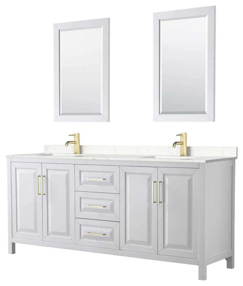 80"DBL Vanity White, Light-Vein Carrara Cult. Top, Sinks, 24"Mirrors, Gold Trim
