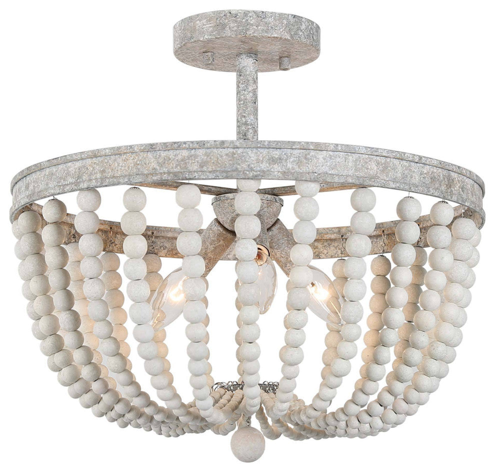 LNC 3 Light Vintage Beaded with White Wooden Beads, Semi-Flush Ceiling Light