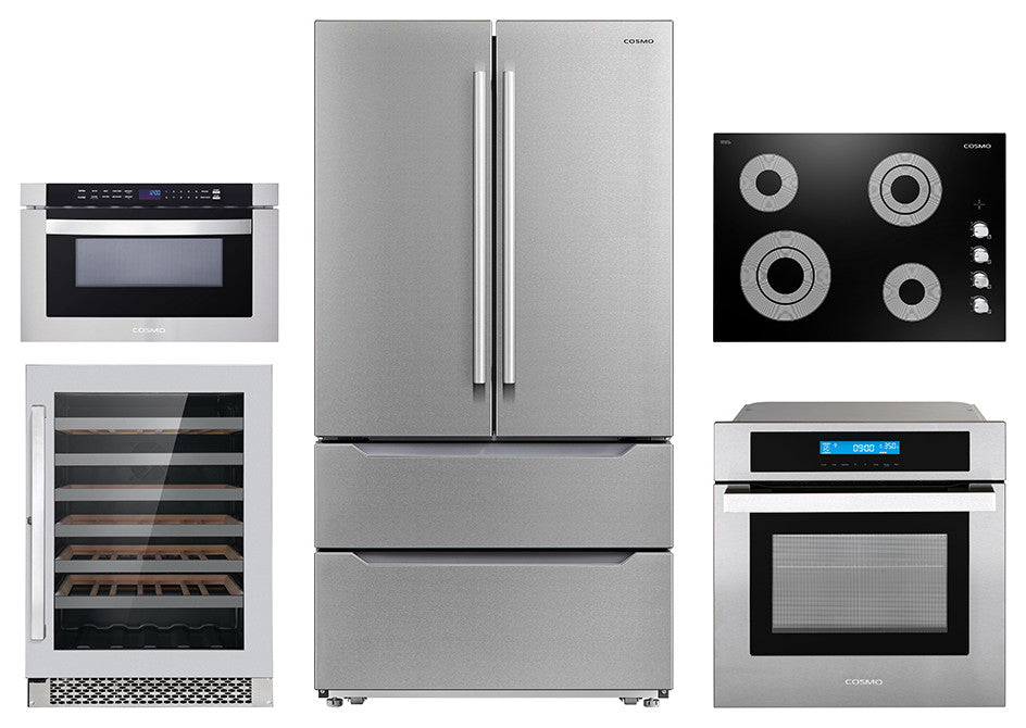 5PC, 30" Cooktop 24" Wine Cooler 24" Wall Oven 30" Microwave & Refrigerator
