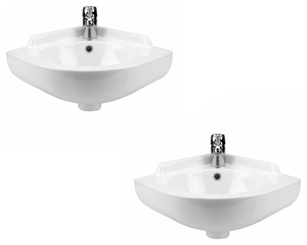 Small Corner Wall Mount Sink Bathroom White Ceramic Bowl with Overflow Pack of 2