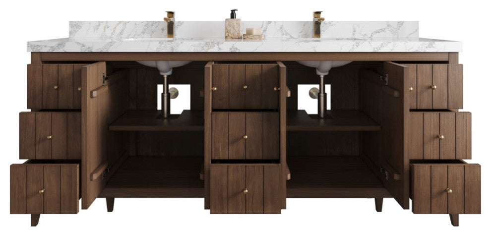 Atlanta Teak 84" Double Sink Bath Vanity, Dark Natural 2" Viola Brown