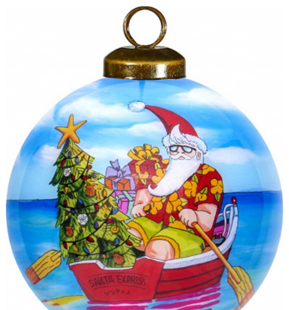 Rowing Santa Express Hand Painted Mouth Blown Glass Ornament