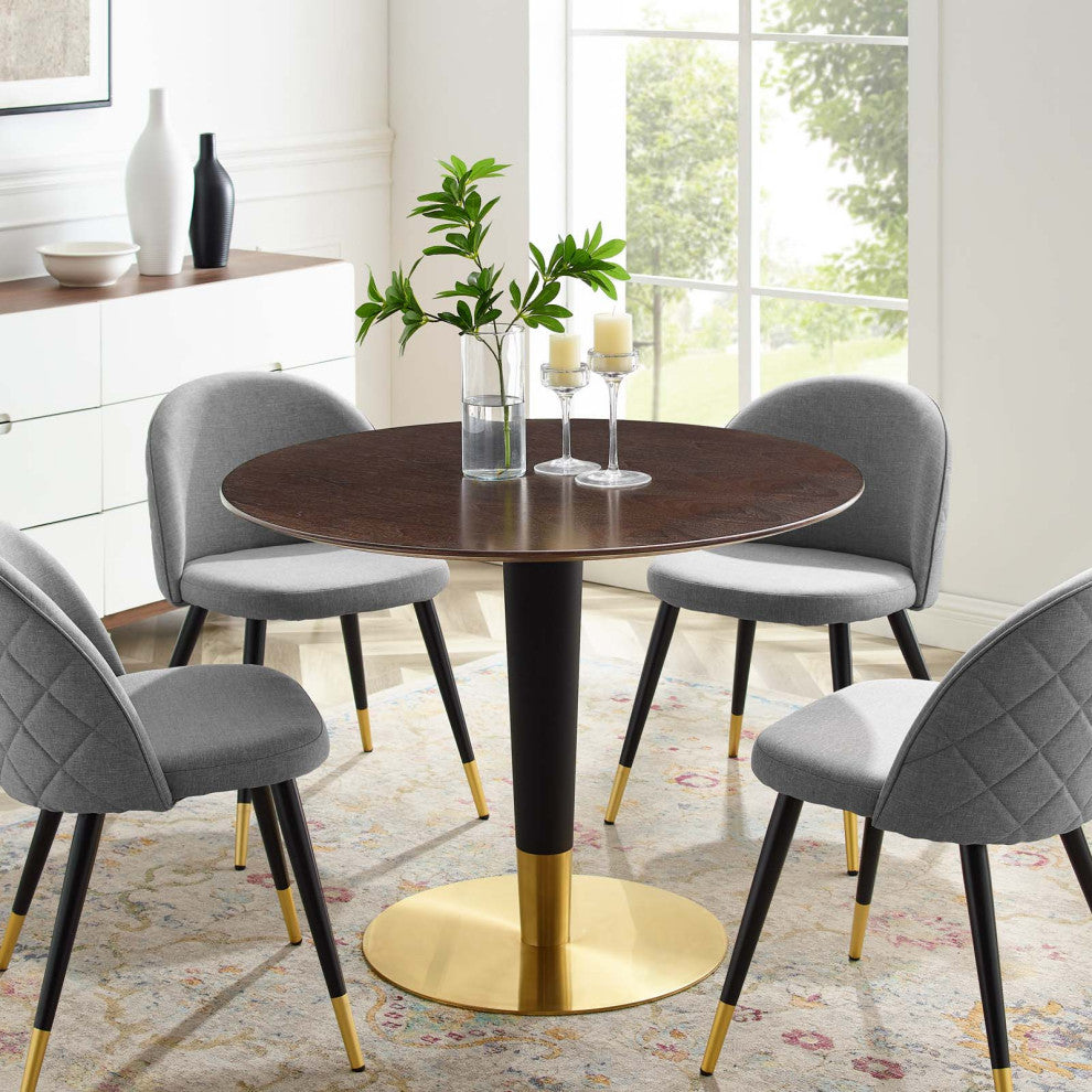 Dining Table, Round, Wood, Metal, Gold Dark Brown Brown Walnut, Modern, Bistro