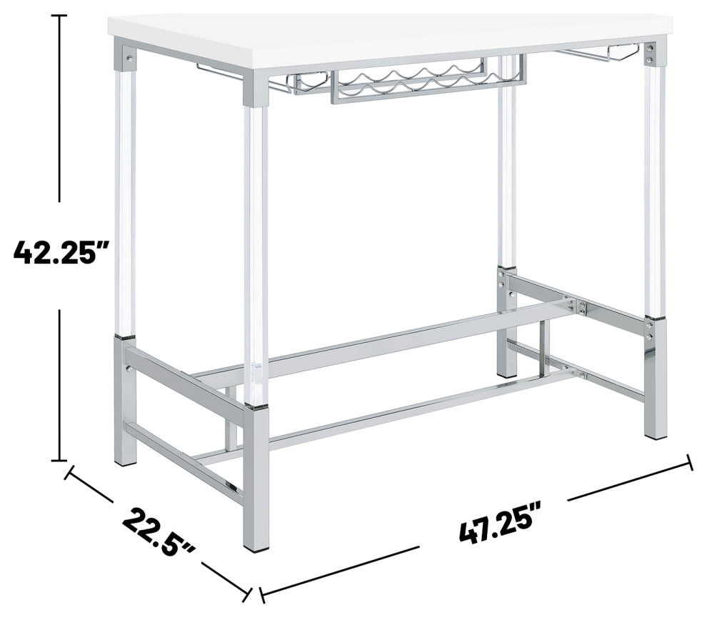 Rectangular Pub Height Bar Table With Storage, High Gloss White and Silver