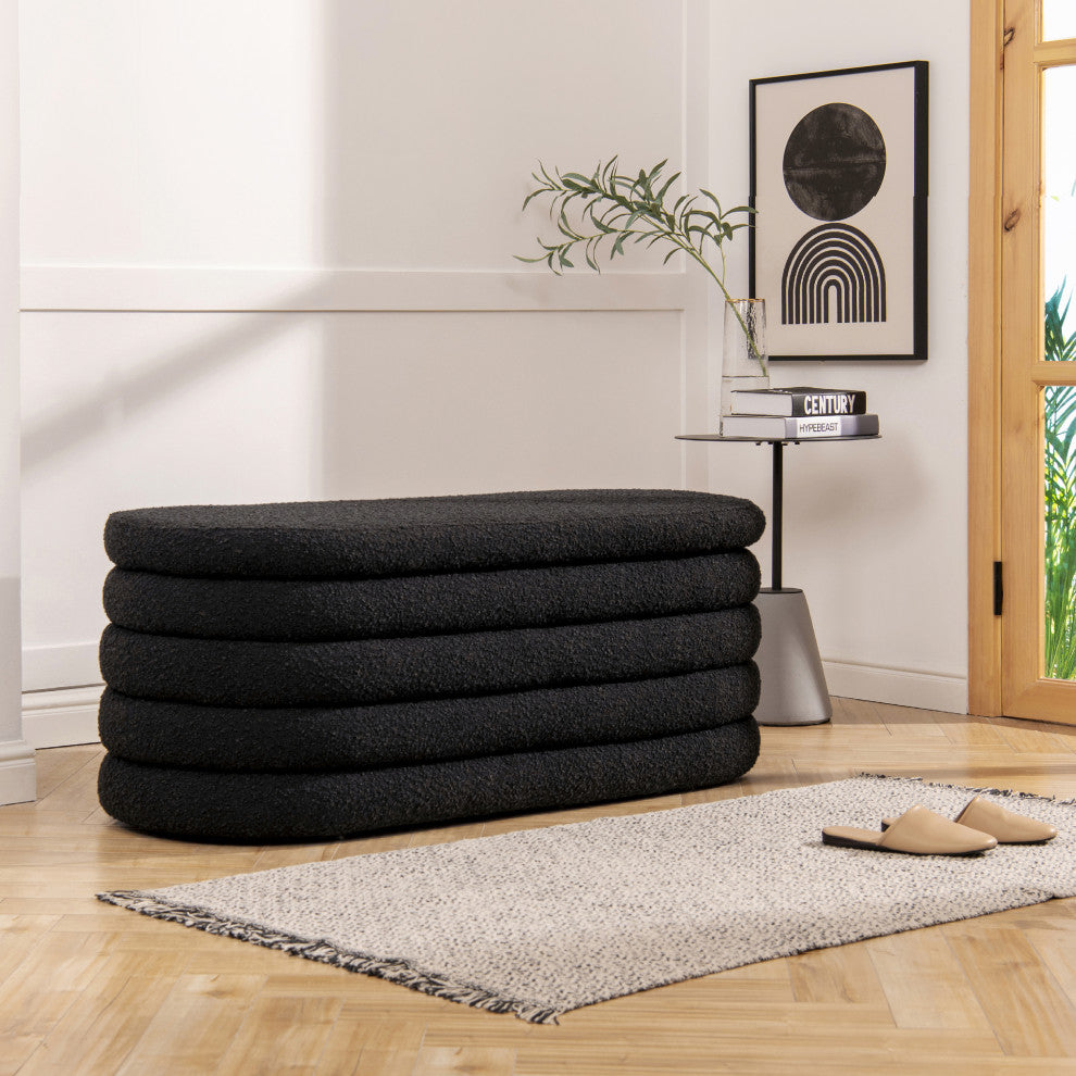 Fuji 49" Upholstered Oval Storage Bench, Ebony Black