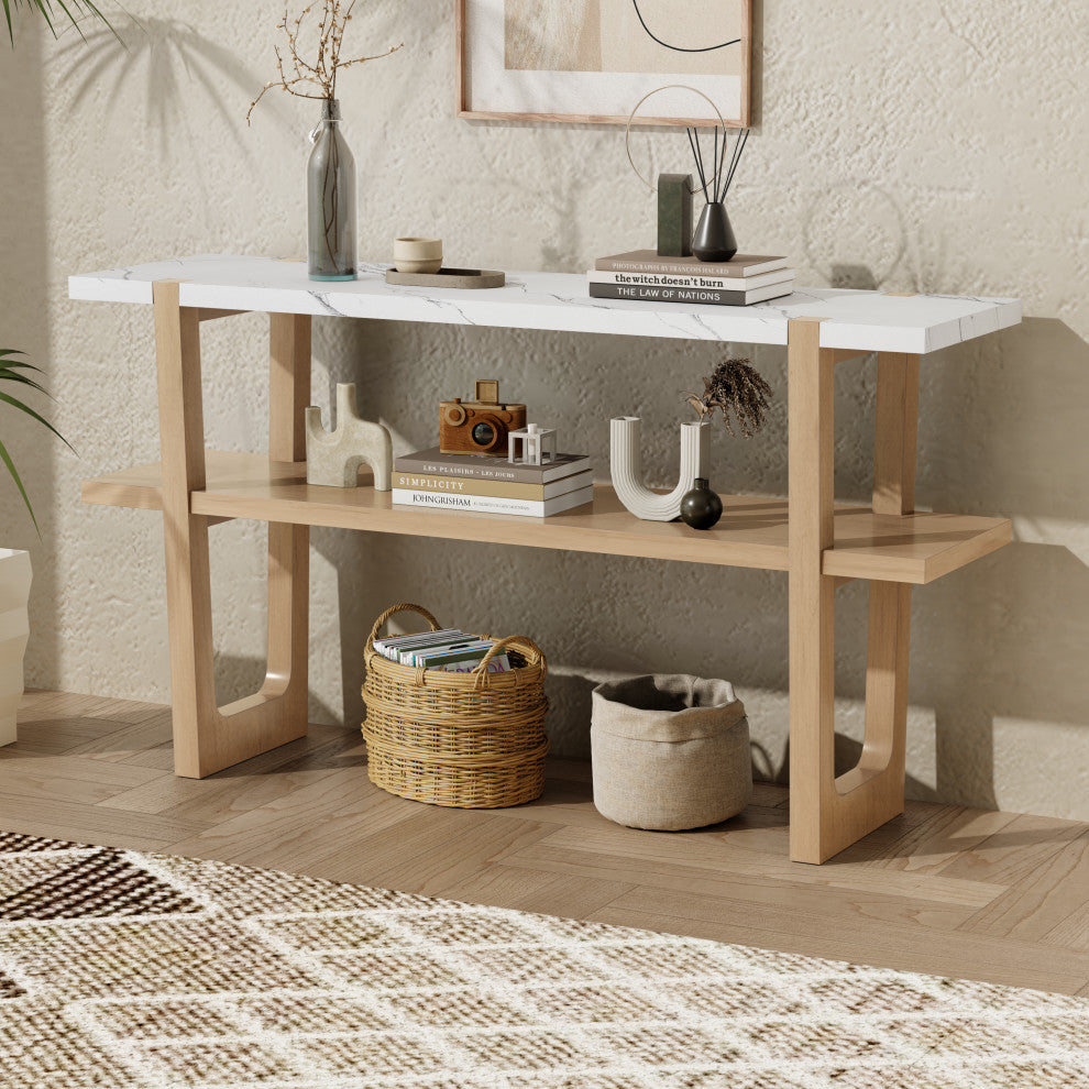 TATEUS Narrow Console Table with Marble-Effect Top for Entryway and Living Room, Natural