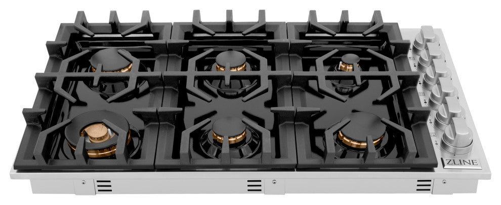 ZLINE 36" Gas Cooktop With 6 Gas Brass Burners, RC-BR-36-PBT