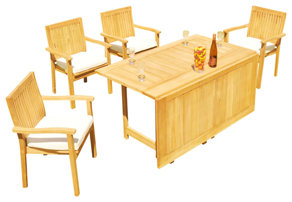 5-Piece Outdoor Teak Set: 60" Square Butterfly Table, 4 Leveb Stacking Arm Chair
