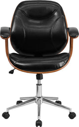 Mid-Back Black Leather Executive Wood Swivel Office Chair
