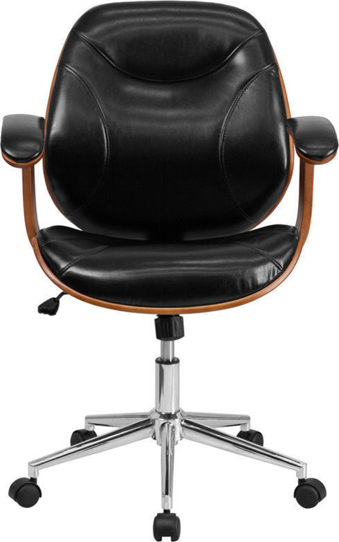 Mid-Back Black Leather Executive Wood Swivel Office Chair