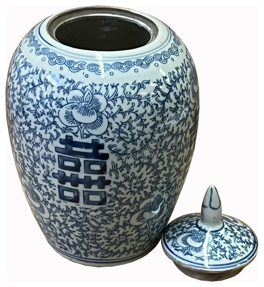 Chinese Blue White Floral Double Happiness Graphic Point Lid Jar Hws2566
