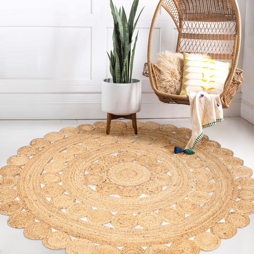 Daisy Hippy Jute Medallion Circle Natural Round Area Rug, 4' Round
