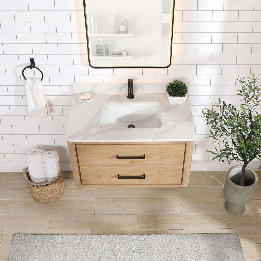 Cristo Floating Bath Vanity With Stone Top, Fir Wood Brown, 36in., No Mirror