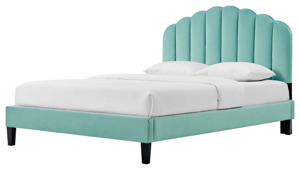 Platform Bed Frame, Queen Size, Blue, Velvet, Modern, Bedroom Guest Suite