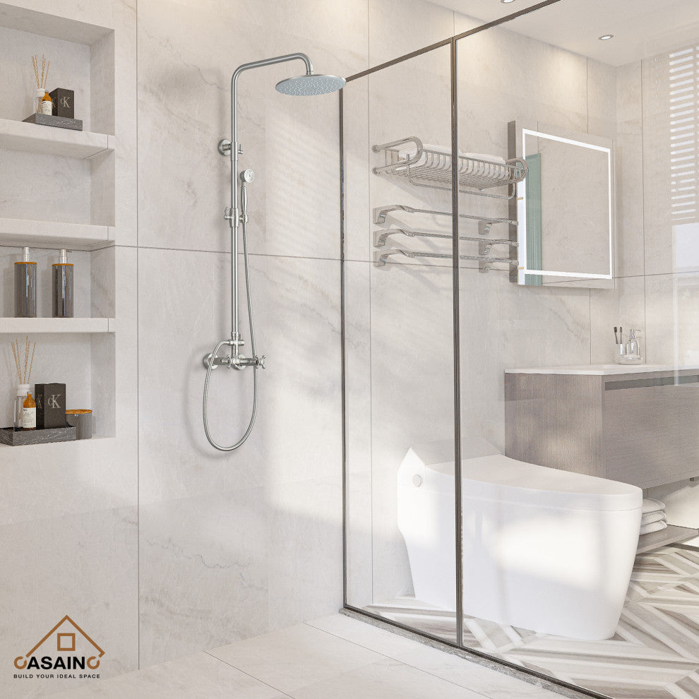 10inch Wall Mount Exposed Pipe Rainfall Shower System with Hand Shower, Brushed Nickel