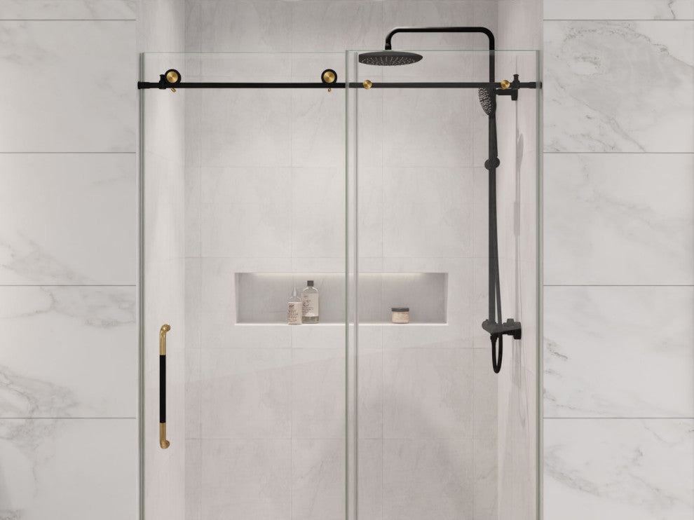Madam 76-in. x 48-in. Frameless Sliding Shower Door, Matte Black/Brushed Gold