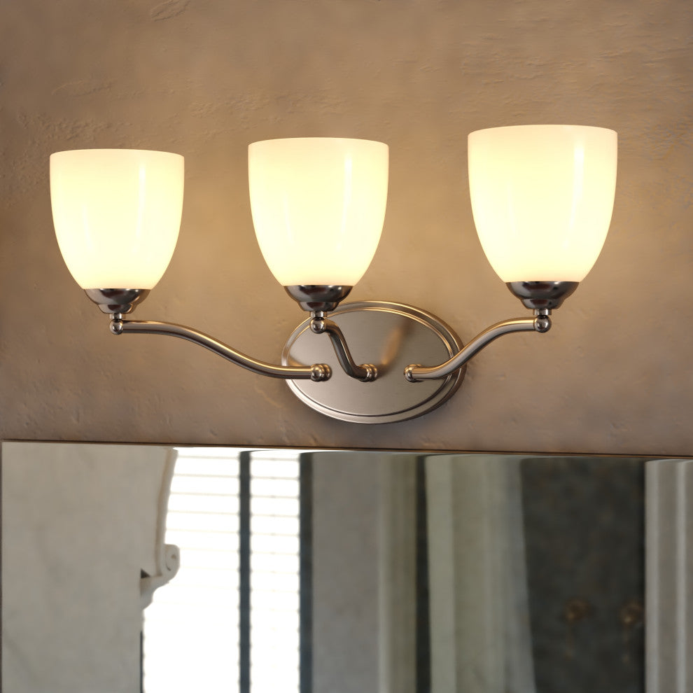 Bellwood 13.5" 2-Light Traditional Nickel Bathroom Vanity Fixture, Glass Shade, Satin Nickel, 3-Light