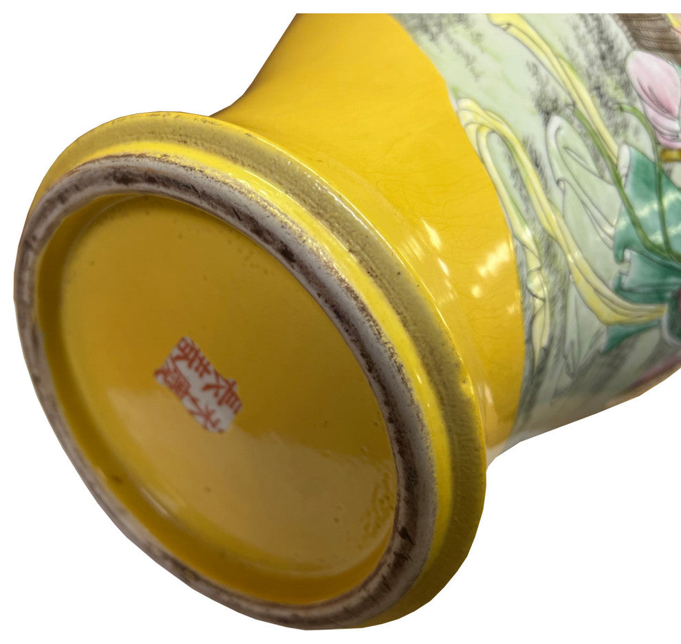 Vintage Chinese Yellow Base People Scenery Wide Mouth Porcelain Vase Hws2558