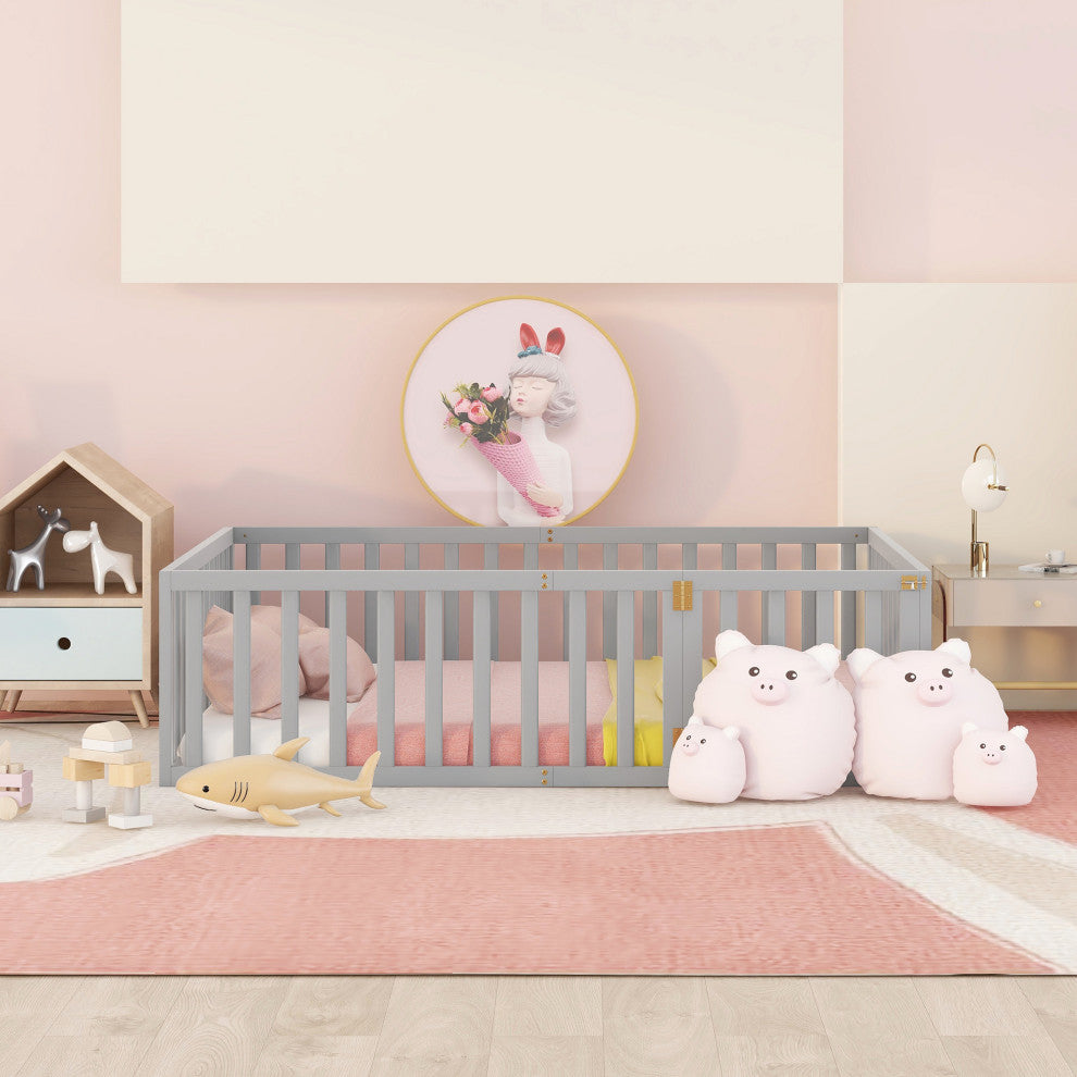 TATEUS Stylish and Versatile Floor Bed for Kids"™Bedroom Fences, Gray, Full