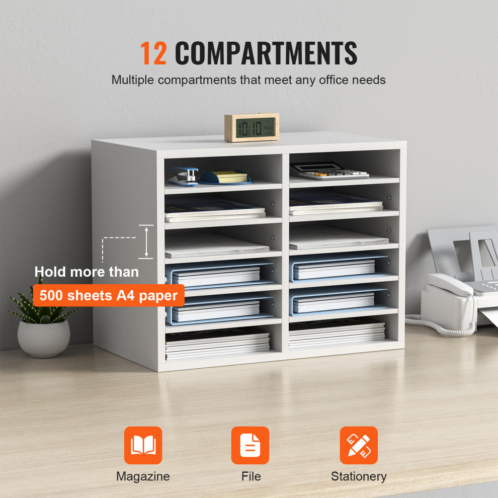 12 Compartments Wood File Organiser Office Mailbox with Adjustable Shelves, White