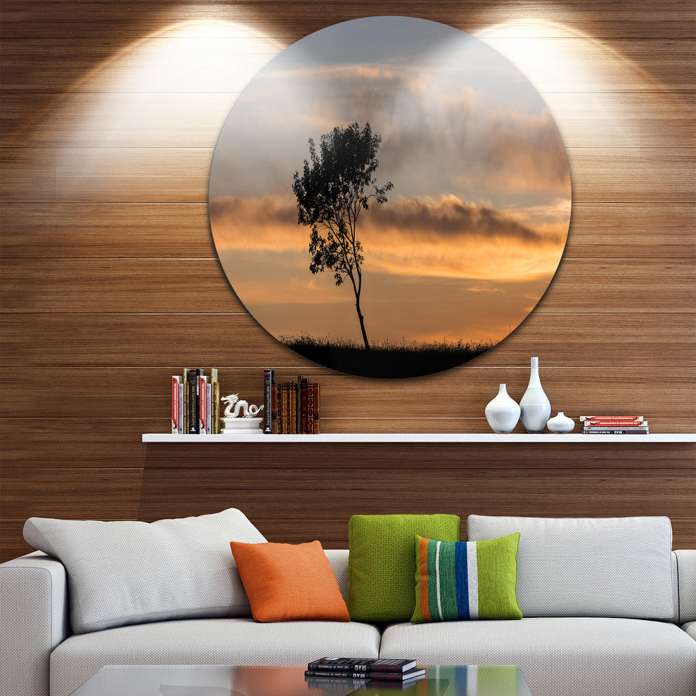Lonely Tree Silhouette Leftwards, Landscape Disc Metal Wall Art, 23"