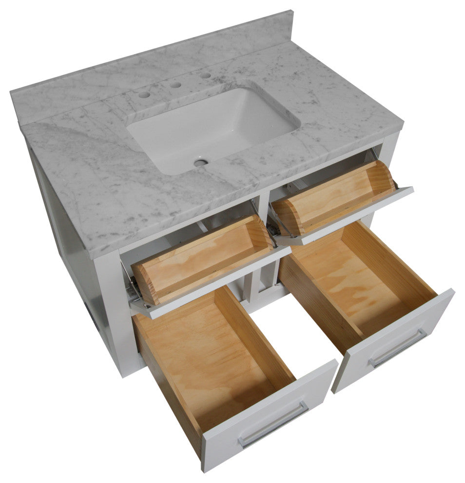 Helsinki 36" Floating Wall Mounted Bathroom Vanity, White, Carrara Marble
