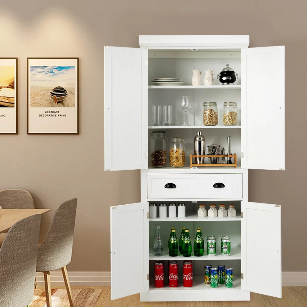 Elegant Pantry Cabinet, Large Doors With Inner Adjustable Shelves, White Finish