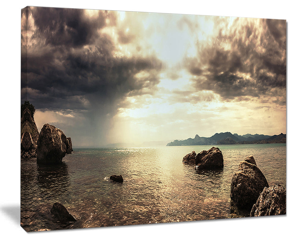 "Rocky Seashore Under Clouds Panorama" Modern Beach Wall Art, 40"x30"
